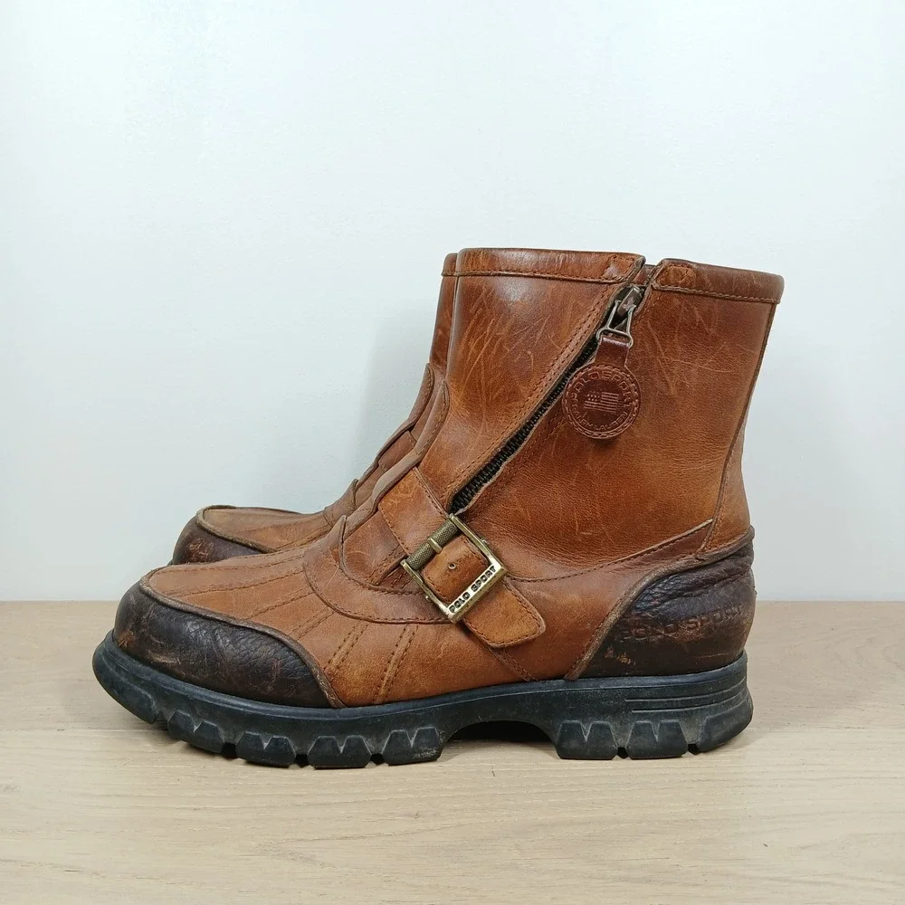 Polo Sport Ralph Lauren Boots Mens 9.5 Brown Leather Vintage Moto Workwear